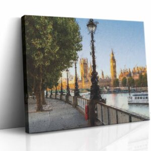 Obraz na plátně zobrazující londýnský Big Ben a Westminsterský palác s charakteristickou architekturou, zachycený z perspektivního pohledu.