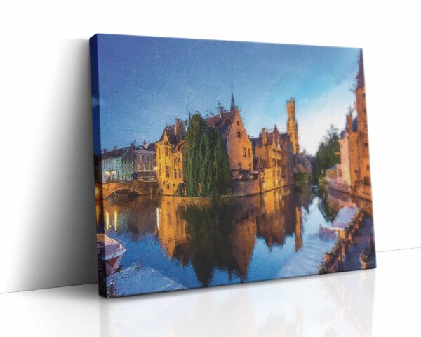 Obraz na plátně zobrazující řadu městských budov stojících u vodní plochy, s detailně vykreslenými architektonickými prvky a jejich odrazy na klidné vodní hladině.