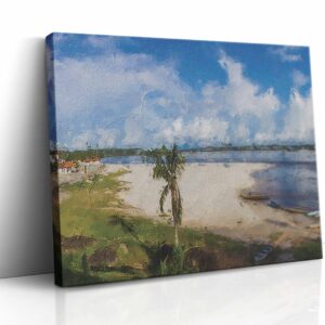 Obraz na plátně zachycující idylickou pláž s bílým pískem a tyrkysovým mořem, možná s palmami v pozadí, vytvářející dokonalou atmosféru přímořské dovolené.