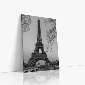 Černobílý obraz na plátně zachycující Eifelovu věž v Paříži v dramatickém monochromatickém provedení, zdůrazňující strukturu a eleganci ikonické stavby.