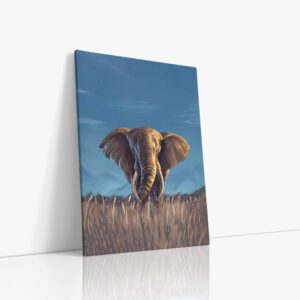 Olejomalba majestátního slona kráčejícího divokou africkou savanou, zachycující atmosféru safari v detailní textuře olejových barev