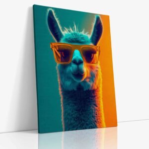 Vtipný umělecký obraz lamy s elegantními brýlemi na plátně v antropomorfním stylu, dodávající zvířeti intelektuální vzhled.