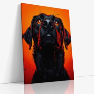 Působivý umělecký obraz černého labradora na výrazném oranžovém pozadí na kvalitním plátně, vytvářející silný vizuální kontrast.