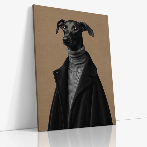 Stylový portrét psa oblečeného v elegantním černém kabátu na plátně