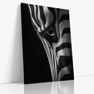 Detailní hypnotizující záběr oka zebry s charakteristickými černobílými pruhy na plátně