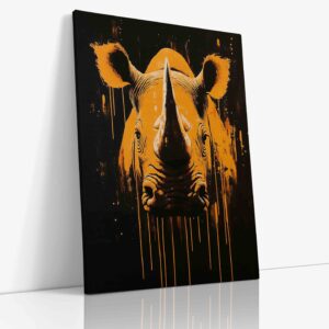 Výrazný moderní portrét nosorožce ve stylu urban art kombinující prehistorickou sílu s estetikou pouličního umění na kvalitním plátně