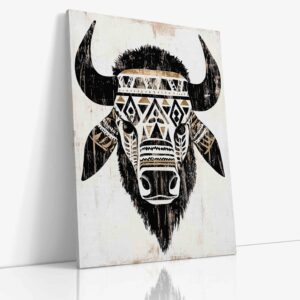 Expresivní obraz "Totem bůvol" s mystickou symbolikou na kvalitním plátně, originální etnická dekorace.