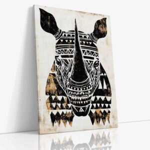 Expresivní obraz "Totem nosorožec" s mystickou symbolikou na kvalitním plátně, originální etnická dekorace s africkým motivem.