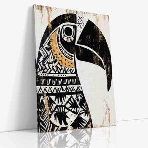 Barevný obraz "Totem tukan" s mystickou symbolikou na kvalitním plátně, originální etnická dekorace s exotickým motivem.