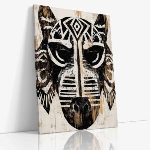 Expresivní obraz "Totem vlk" s mystickou symbolikou na kvalitním plátně, originální etnická dekorace s motivem divokého predátora.