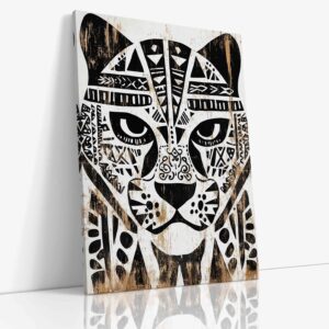 Expresivní obraz "Totem jaguár" s mystickou symbolikou na kvalitním plátně, originální etnická dekorace s motivem divoké šelmy.