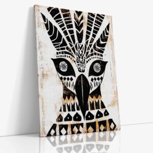 Mystický obraz "Totem pták s peřím na hlavě" s duchovní symbolikou na kvalitním plátně, originální etnická dekorace inspirovaná indiánskou kulturou.