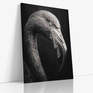 Elegantní černobílý obraz hlavy plameňáka s charakteristickým zakřiveným zobákem na kvalitním plátně, minimalistická dekorace s exotickým motivem.
