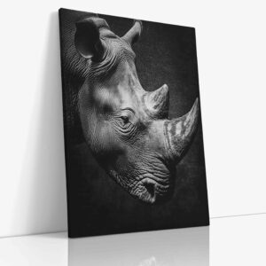 Dramatický černobílý obraz hlavy nosorožce na černém pozadí, impozantní minimalistická dekorace s motivem silného afrického zvířete.