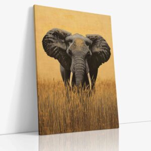 Působivý obraz siluety slona na žlutém pozadí savany na kvalitním plátně, výrazná dekorace evokující africký západ slunce.