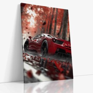 Elegantní červené Ferrari zasazené do okouzlující podzimní scenérie s padajícím listím na kvalitním plátně