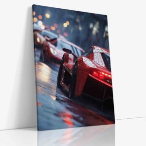 Červené sportovní auto za deště s dramatickými odrazy kapek vody na lesklé karoserii vytváří působivou atmosféru
