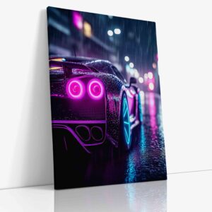 Závodní auto se zářivým neonovým efektem vytvářející futuristickou atmosféru plnou dynamických barev a energie