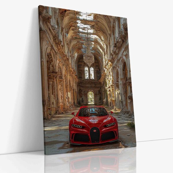 Exkluzivní Bugatti zaparkované v majestátním historickém zámku symbolizující spojení moderního luxusu a klasické elegance