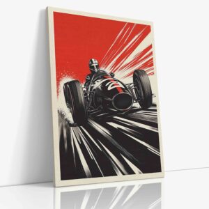 Detailní kresba historické formule zachycující technickou eleganci a charakteristické prvky legendárního závodního vozu z minulé éry