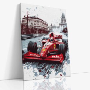 Formule Ferrari malovaná vodovými barvami kombinující ikonickou červenou s jemnými tahy štětce zachycující dynamiku závodního monopostu