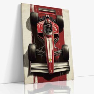 Umělecky zpracovaná formule Ferrari kombinující abstraktní prvky s rozpoznatelnými detaily ikonického červeného monopostu