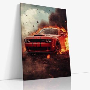Dodge Challenger obklopený plameny vytvářející dramatickou scénu symbolizující nespoutanou sílu a charakter amerického muscle caru