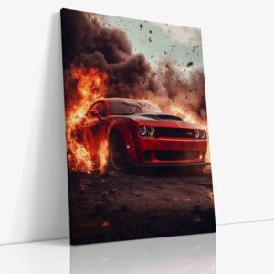 Dodge Challenger zachycený v plamenech odhalující dramatický kontrast mezi silou amerického muscle caru a divokostí ohně