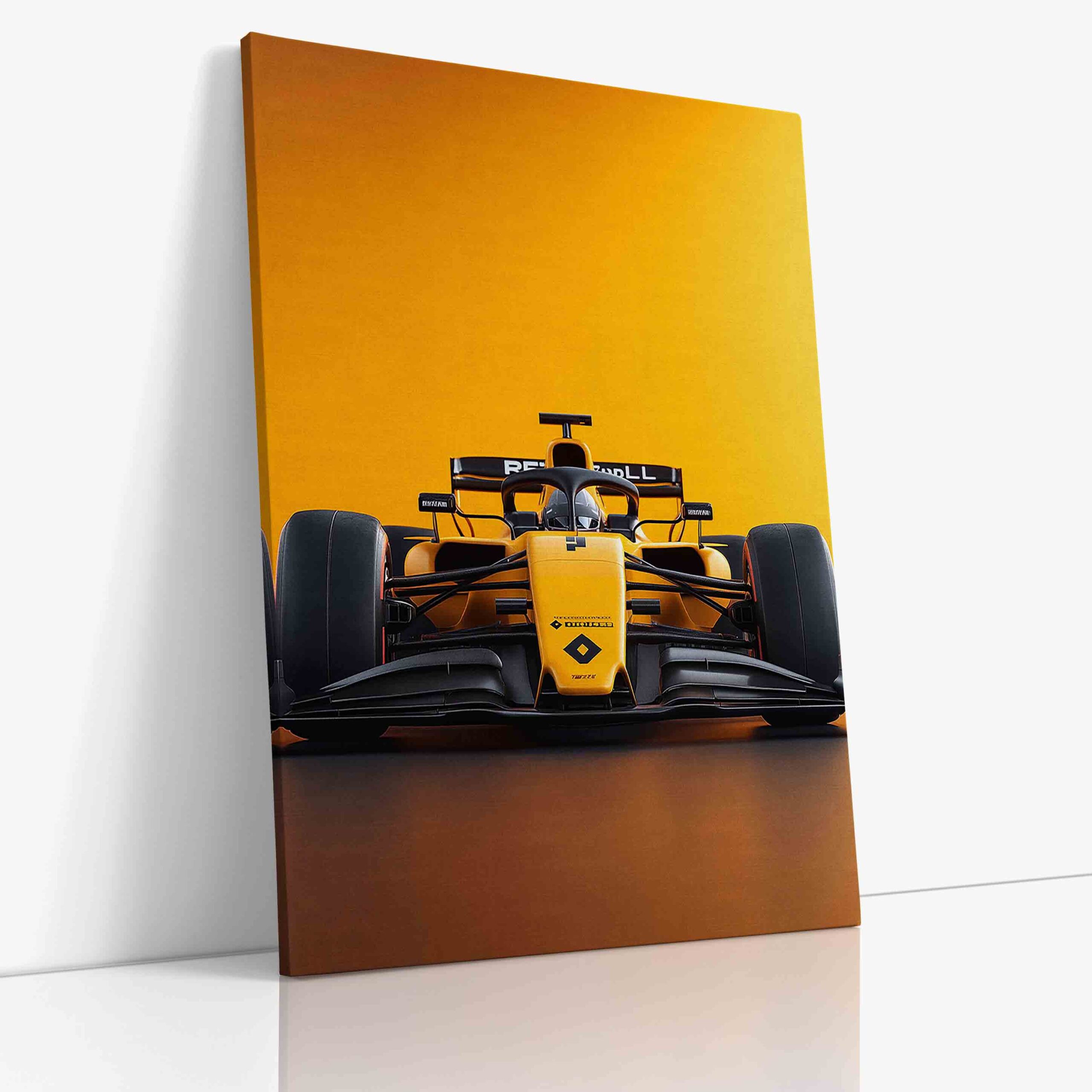 Formule na výrazně žlutém pozadí vytvářející energickou kompozici zdůrazňující aerodynamické linie závodního monopostu