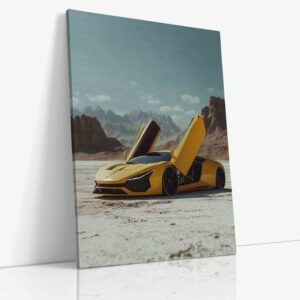 Lamborghini v dramatické pouštní scenérii vytvářející působivý kontrast mezi italským luxusním supersportem a drsnou přírodou