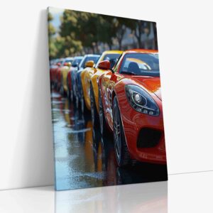 Úchvatný pohled na řadu exkluzivních sportovních automobilů seřazených za sebou, zobrazující různorodost designu a barev prestižních vozů.