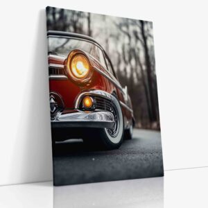 Červený automobilový veterán s lesklými chromovými detaily zachycený v celé své eleganci a historické kráse na kvalitním plátně.