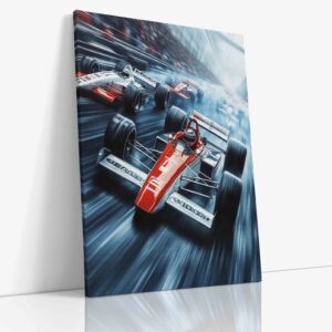 Dramatický moment ze závodu Formule 1 zachycující závodní monoposty v plné rychlosti během souboje na okruhu, s důrazem na dynamiku a napětí motorsportu.