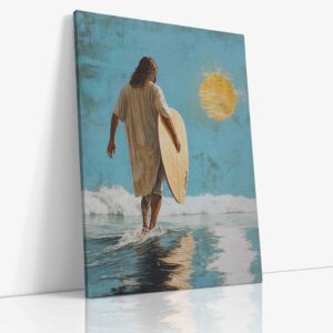 Netradiční obraz Ježíše jako surfaře na mořských vlnách zachycující moderní interpretaci biblického motivu chůze po vodě