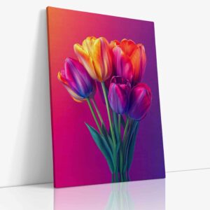 Živá fotografie tulipánů zachycených v bohatém barevném spektru, vytvářející dynamickou a radostnou kompozici plnou energie a jarní svěžesti.