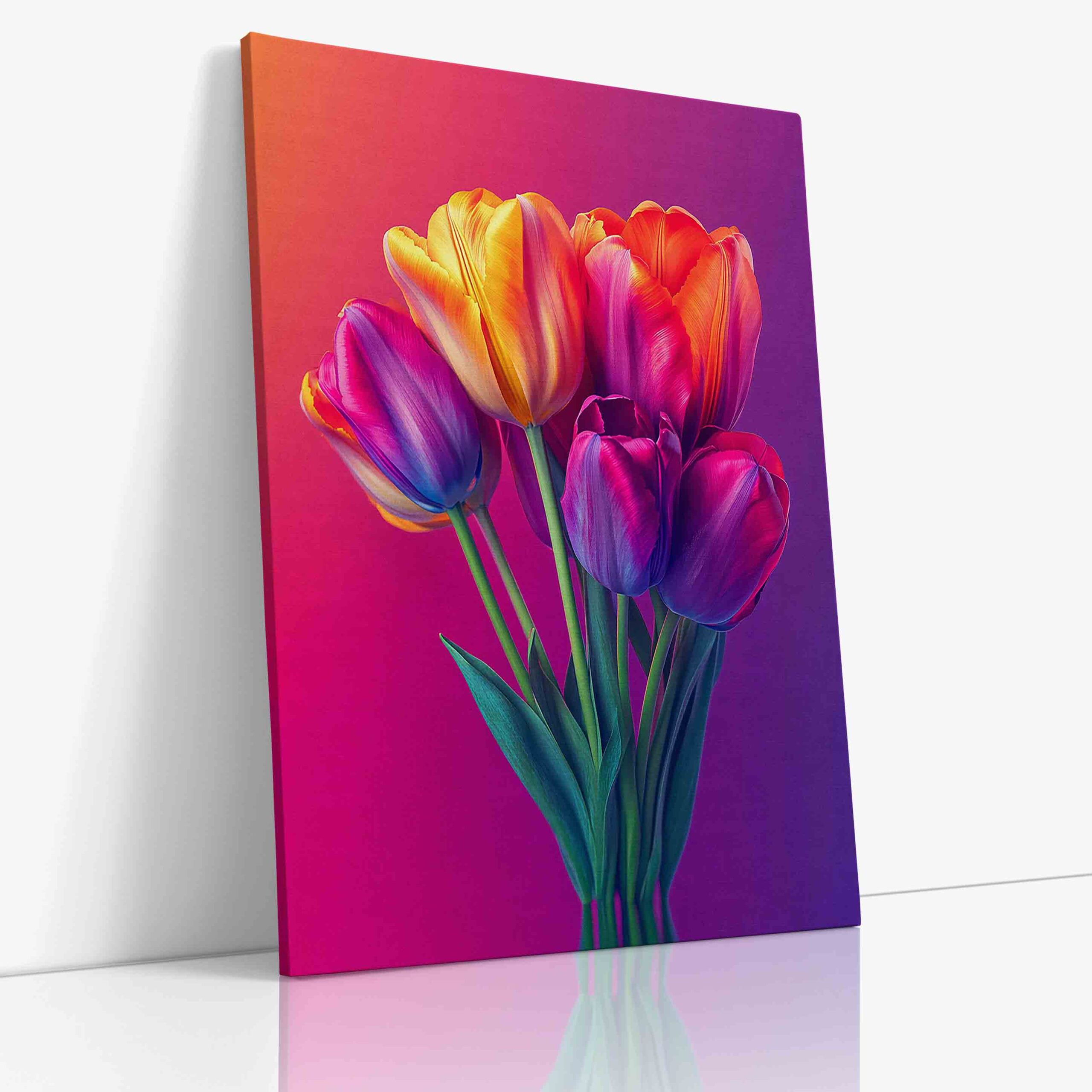 Živá fotografie tulipánů zachycených v bohatém barevném spektru, vytvářející dynamickou a radostnou kompozici plnou energie a jarní svěžesti.