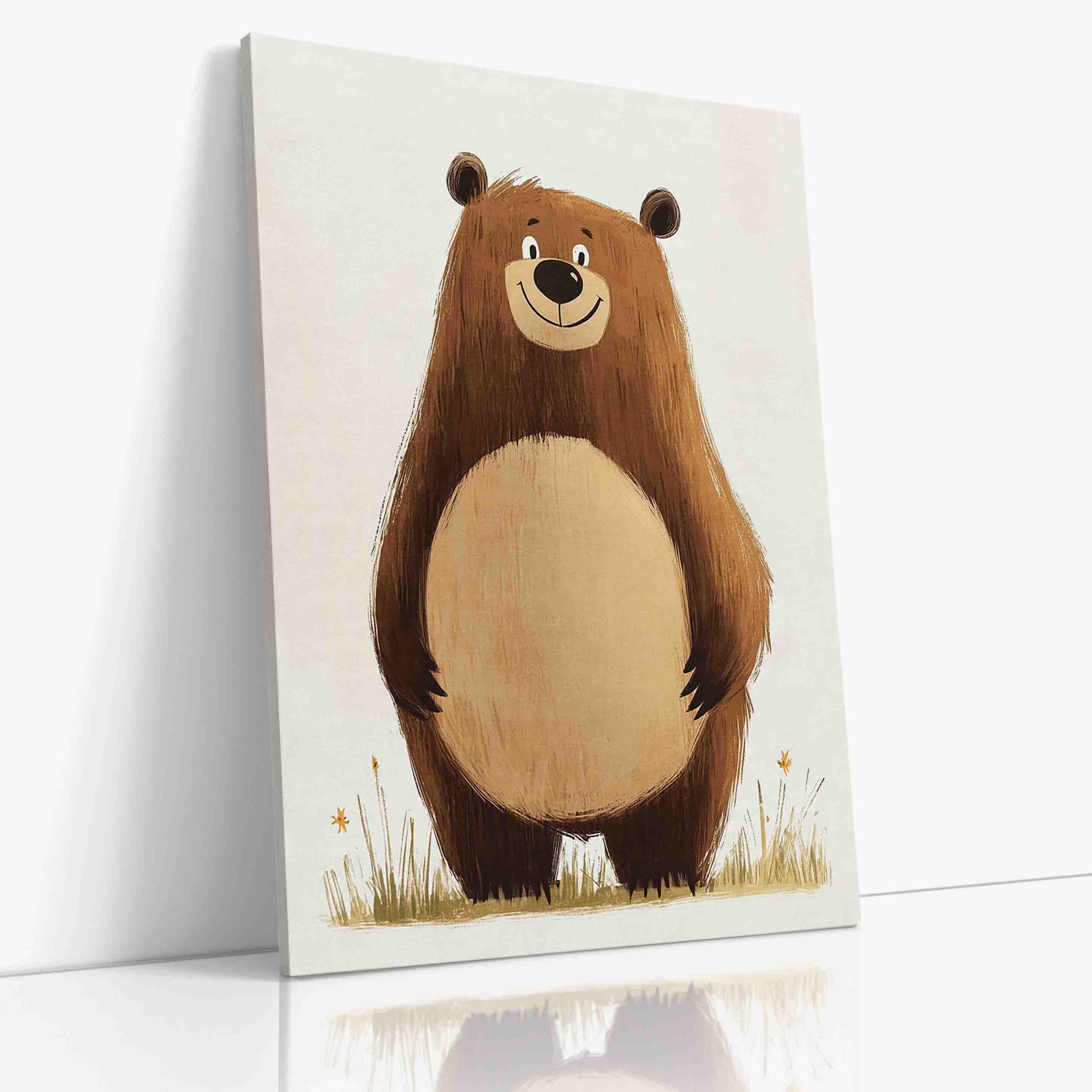 Rozkošný portrét malého medvíděte s velkýma očima a hebkou srstí, něžný obraz na plátně pro dětský pokoj
