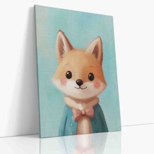 Originální portrét lišky v elegantním kabátu na modrém pozadí, charakterní obraz na plátně pro dětský pokoj