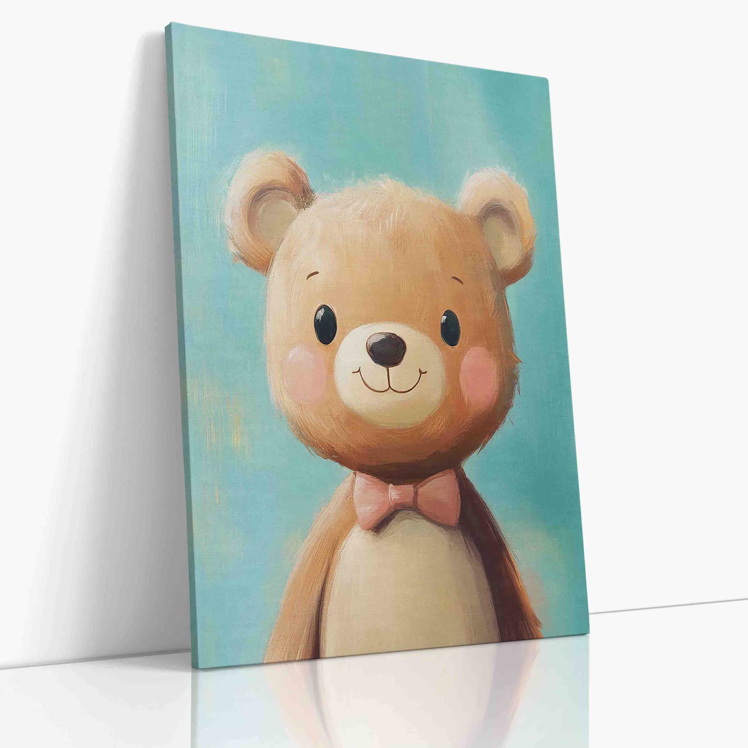 Působivý portrét medvěda s majestátní tváří na modrém pozadí, charakterní obraz na plátně pro dětský pokoj