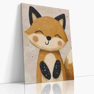 Dětský obraz na plátně s motivem hravé lišky s výraznými černými tlapkami v přírodním stylu
