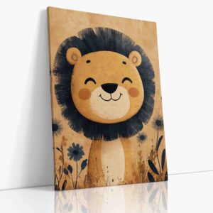 Dětský obraz na plátně s motivem roztomilého lvíčete s výraznou černou hřívou v savanském stylu
