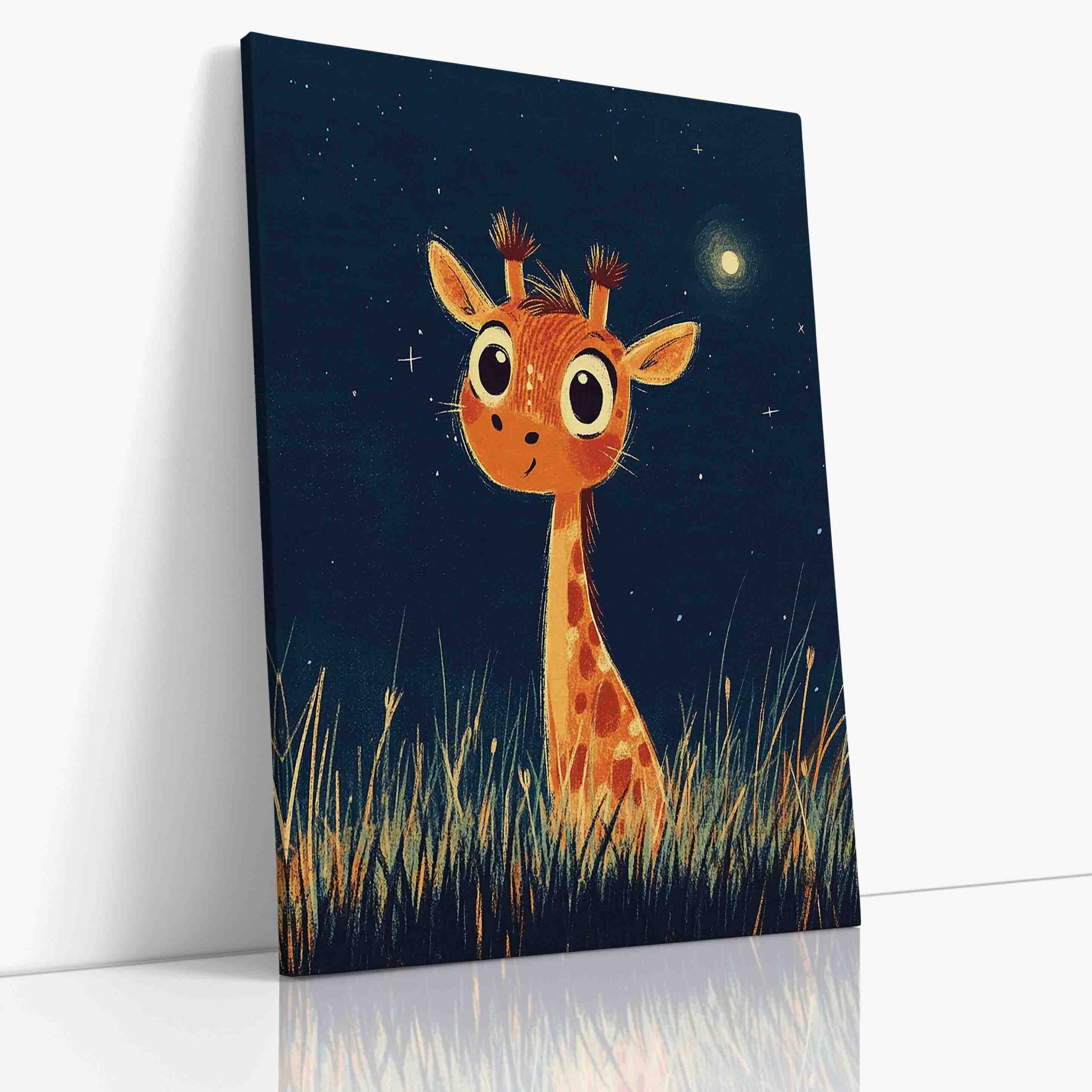 Dětský obraz na plátně s motivem vysoké žiráfky v nočním prostředí s hvězdami v uklidňujícím stylu