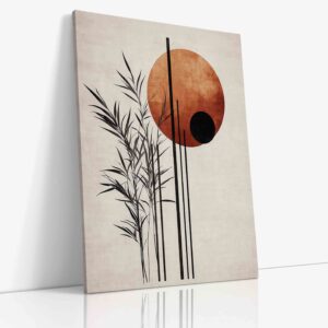 Minimalistický abstraktní obraz znázorňující rákos a slunce pomocí geometrických tvarů na plátně.