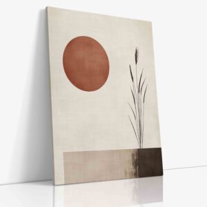 bstraktní minimalistický obraz zobrazující rákos u jezera při západu slunce s geometrickými prvky.
