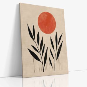Abstraktní minimalistický obraz znázorňující geometrické slunce nad stylizovanými listy na plátně.