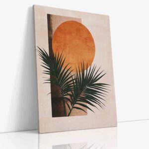 Minimalistický abstraktní obraz znázorňující kapradinu a slunce pomocí geometrických tvarů na plátně.