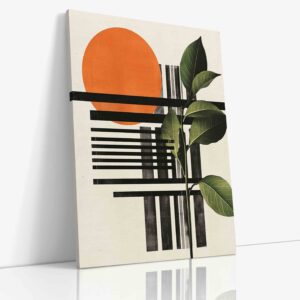 Minimalistický abstraktní obraz kombinující geometrické slunce s pruhovanou strukturou na plátně.