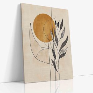 Minimalistický abstraktní obraz znázorňující geometrické linie rostlin pod stylizovaným sluncem na plátně.