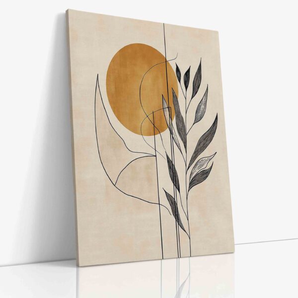 Minimalistický abstraktní obraz znázorňující geometrické linie rostlin pod stylizovaným sluncem na plátně.
