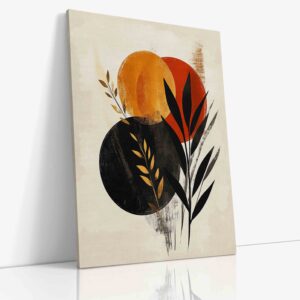 Minimalistický abstraktní obraz zobrazující tři geometrické koule a stylizovanou rostlinu v harmonické kompozici na plátně.